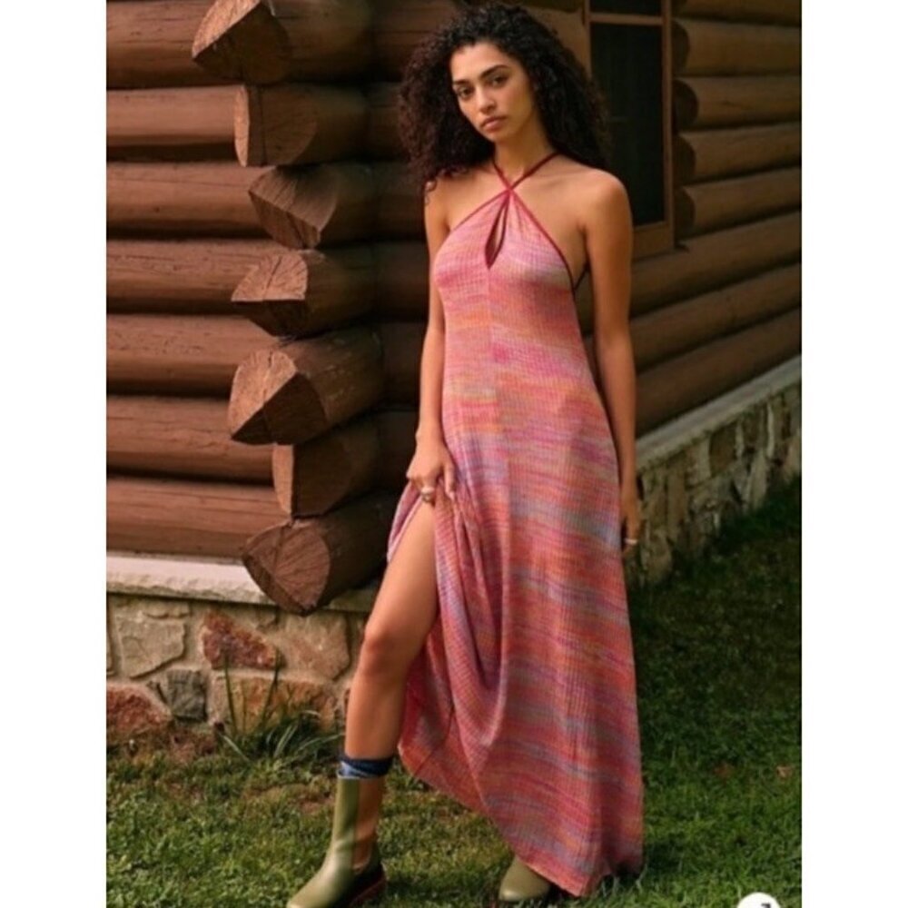 Free People Womens Endless Love Halter Maxi Dress Size M Rainbow Space Dye Knit
